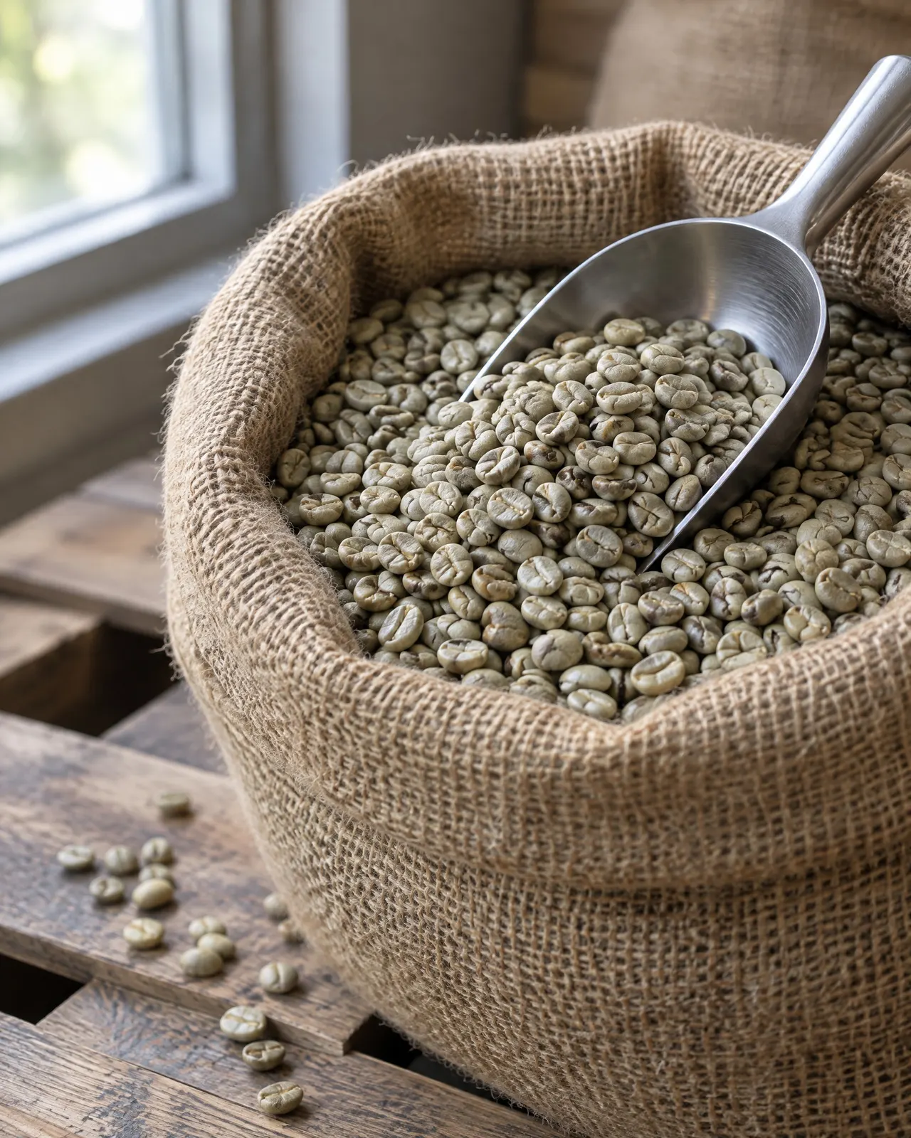 Café vert dans un sac de jute ouvert, avec une pelle en inox