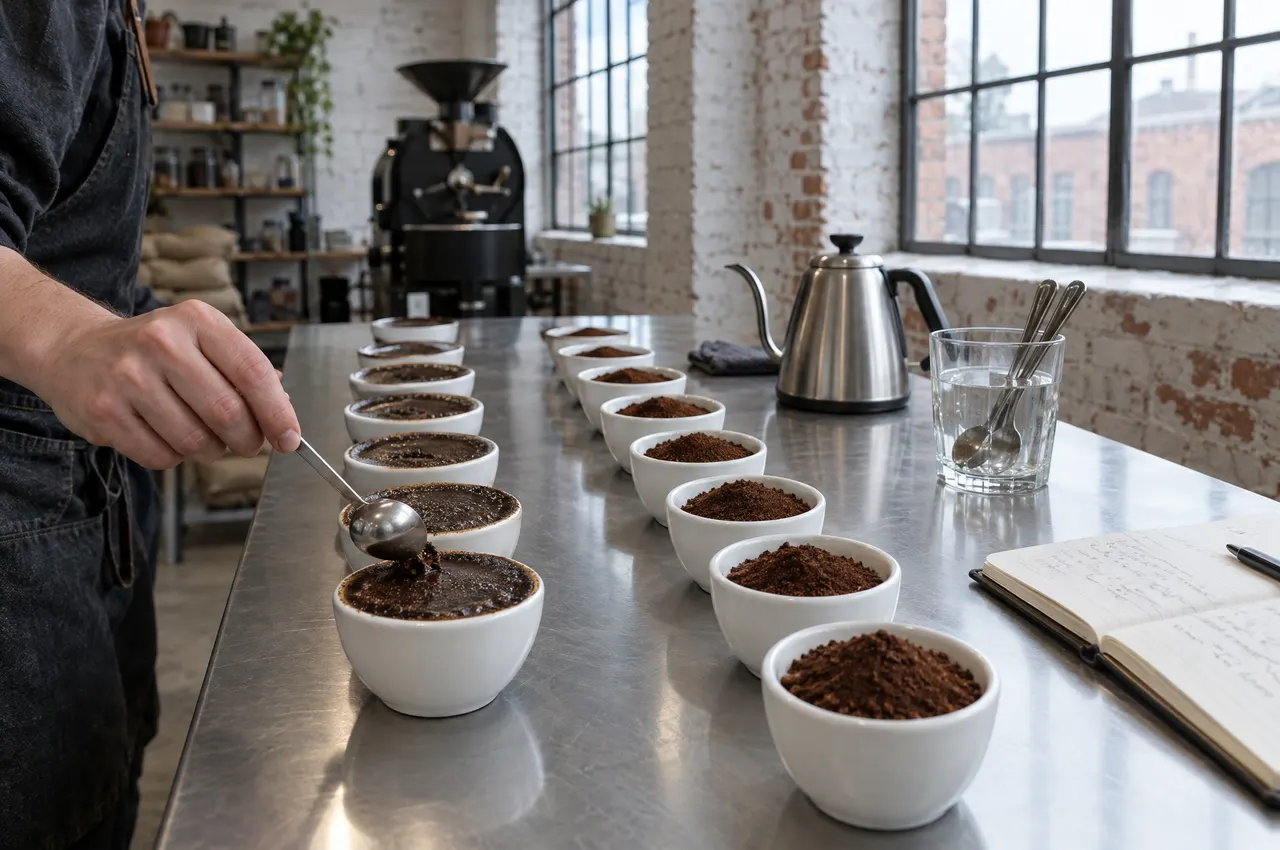 Table de dégustation en inox avec des rangées de bols de café moulu et une cuillère qui casse la croûte