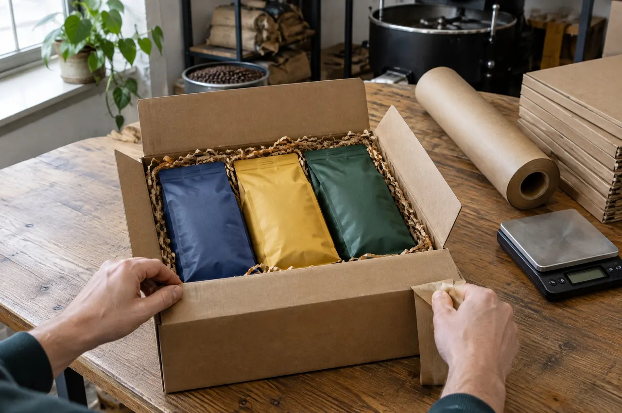 Deux mains ferment un carton d'expédition contenant trois sachets de café indigo, jaune et vert