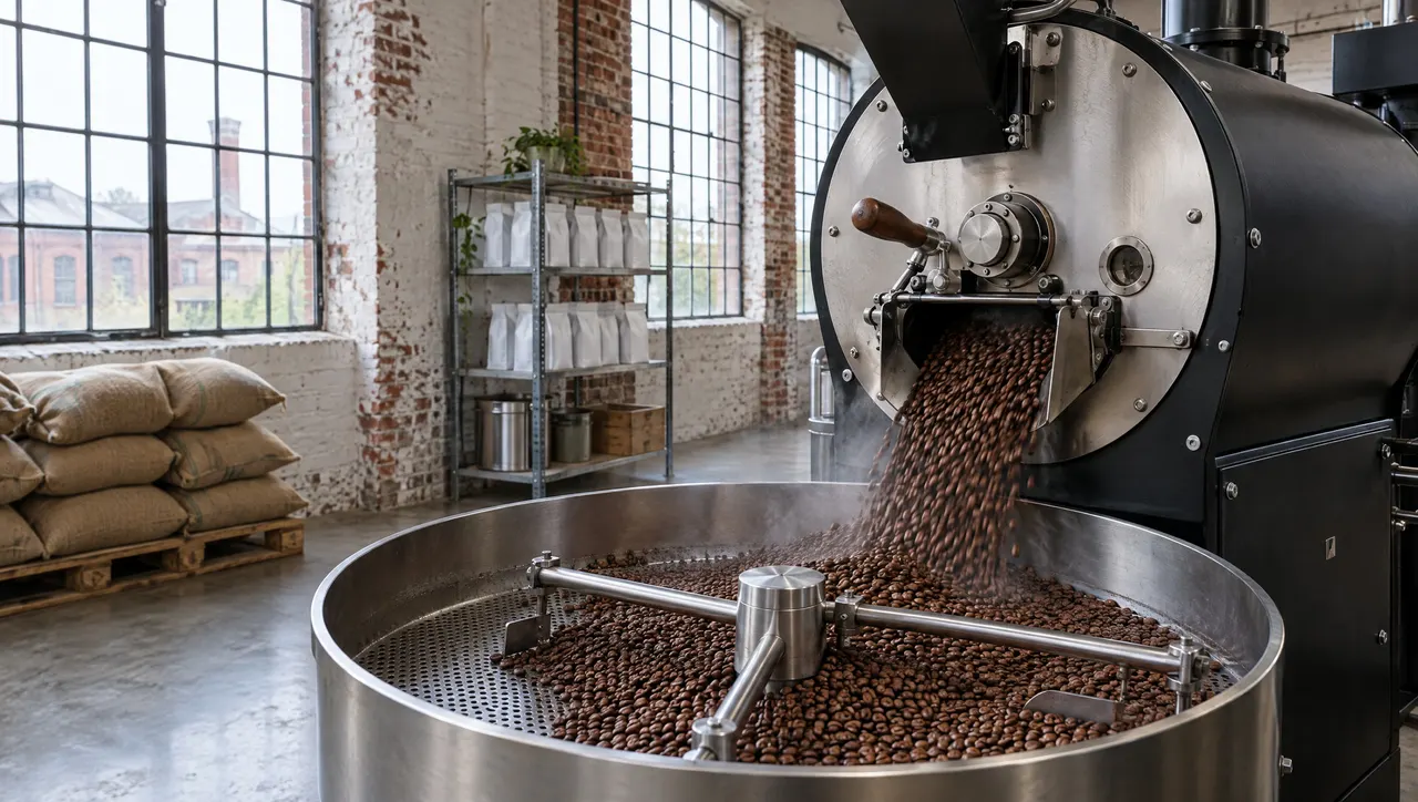 Le torréfacteur de l'atelier verse une fournée de café dans le bac de refroidissement, dans une ancienne filature en brique