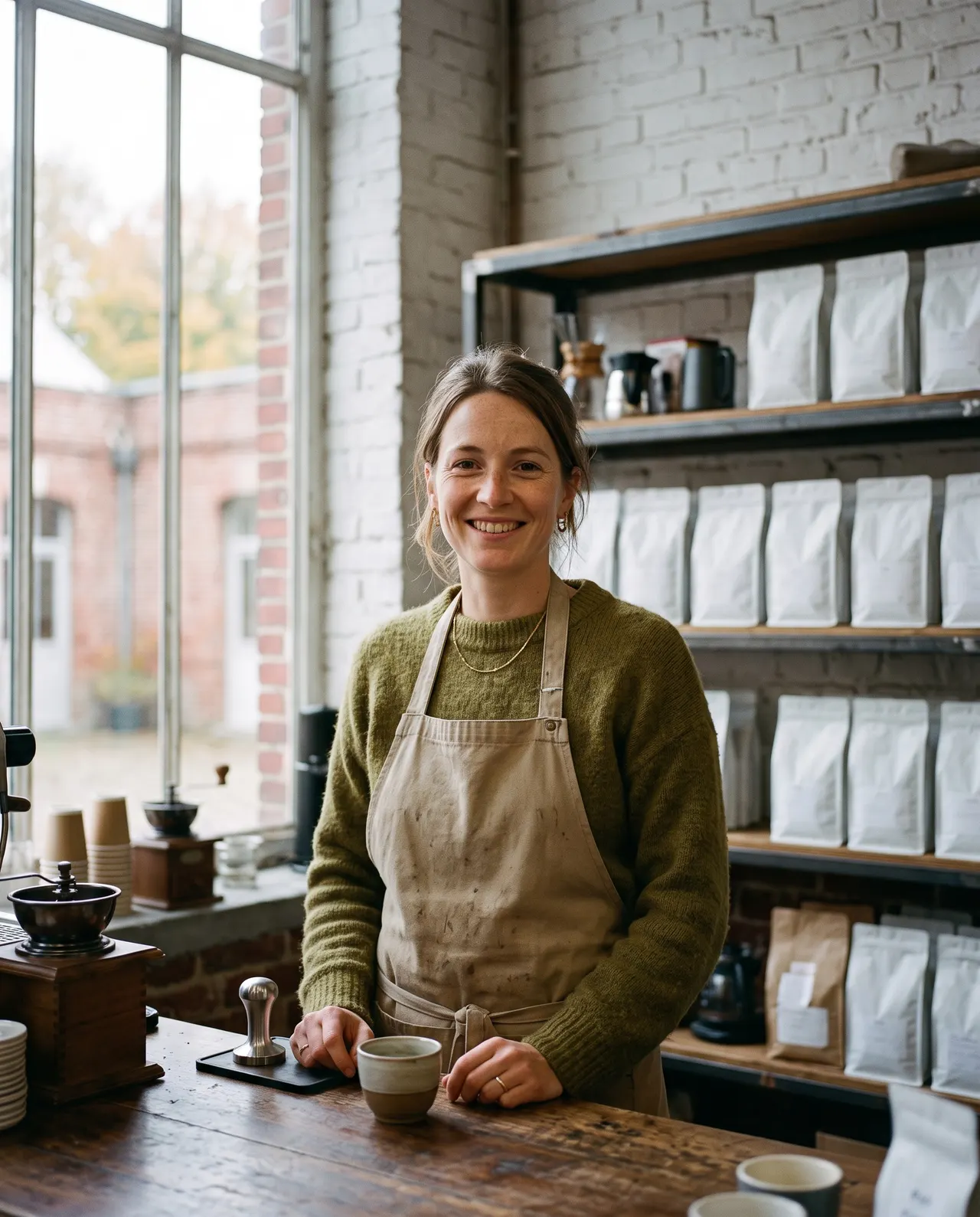 Lucie Vanhoutte derrière le comptoir de la boutique, devant les étagères de sachets