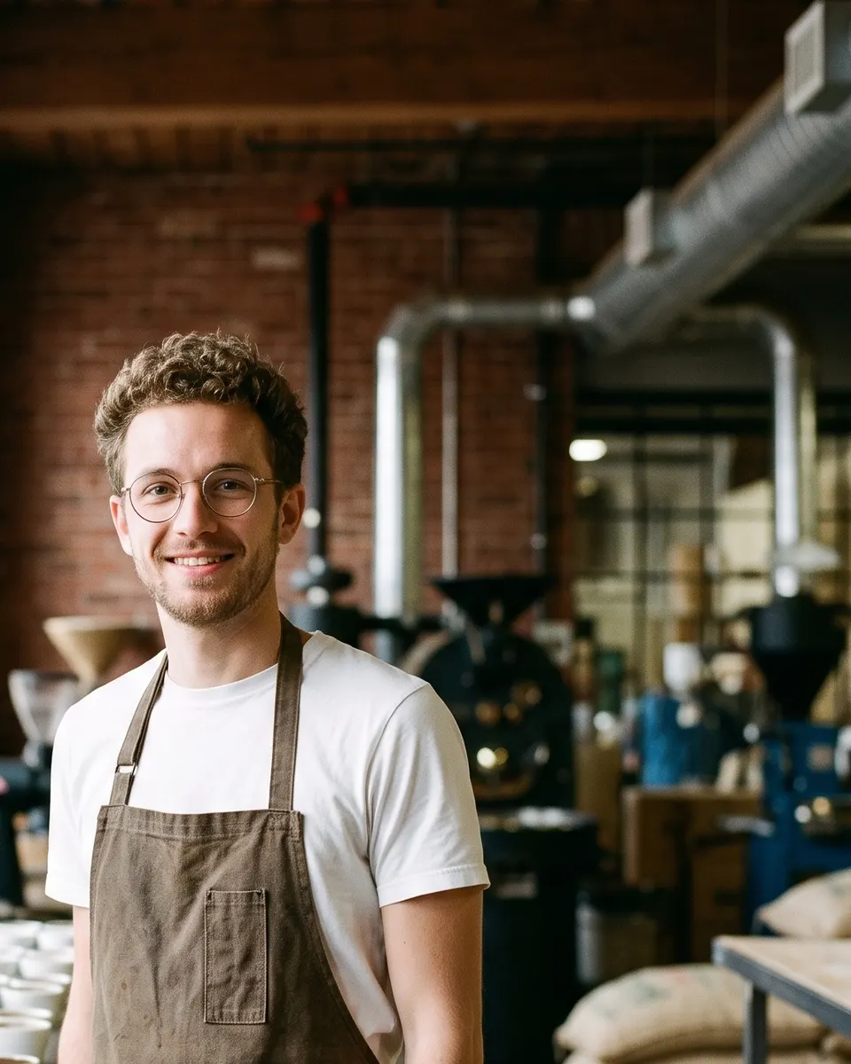 Mathis Desmet à côté de la table de dégustation, devant des bols de café moulu