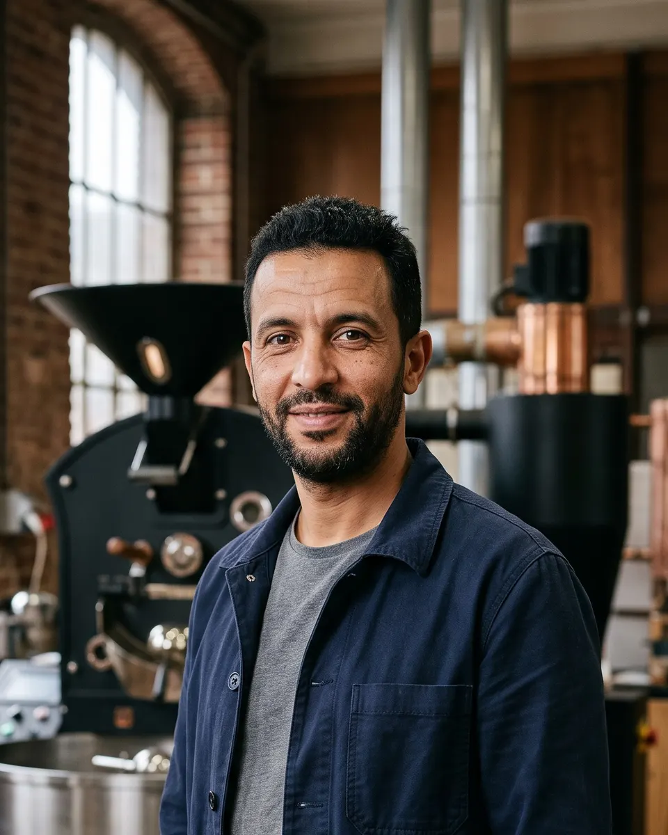 Yanis Haddad, torréfacteur et fondateur d'Atelier Sillon, devant le torréfacteur de l'atelier